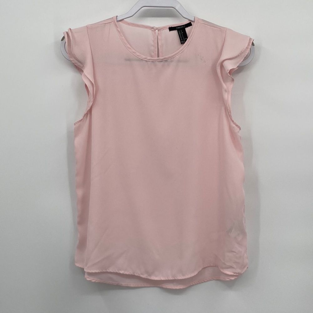 Forever 21 Womens Pink Round Neck Flutter Sleeve Chiffon Blouse Top Pink Small